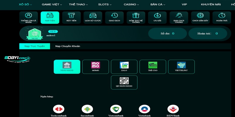 Hướng dẫn nạp tiền tại nhà cái 8DAY được nhiều tân thủ quan tâm